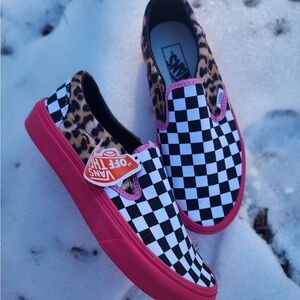 Vans Leopard and Checkerboard Slip-Ons with Pink Soles